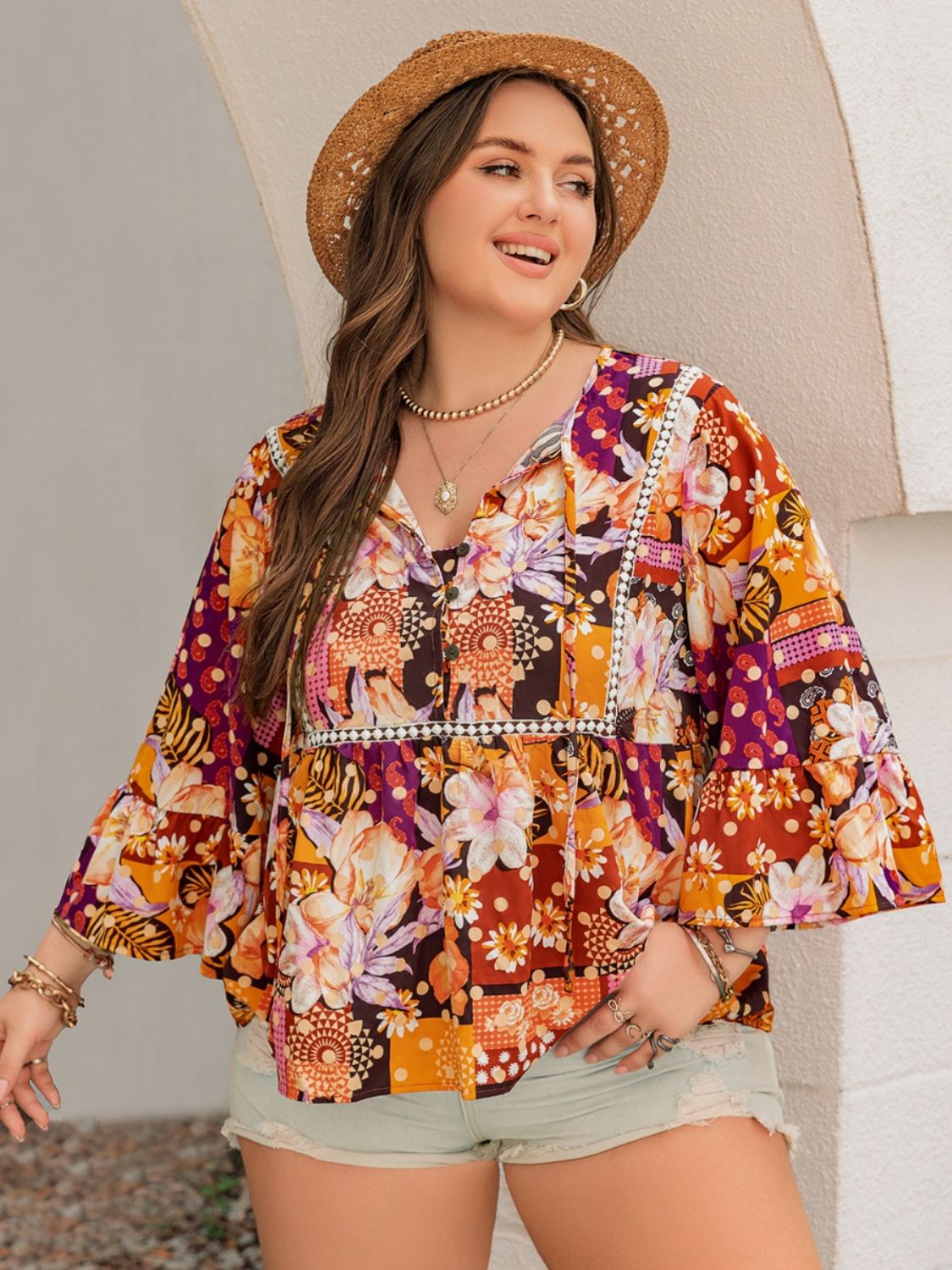 Plus Size Floral Printed Tie Neck Blouse Shirts & Tops Krazy Heart Designs Boutique