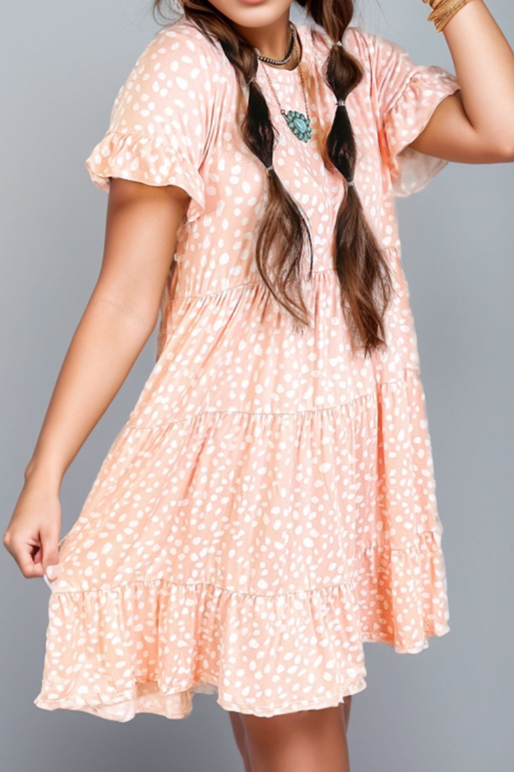 Plus Size Printed Round Neck Flounce Sleeve Mini Dress Dress Krazy Heart Designs Boutique