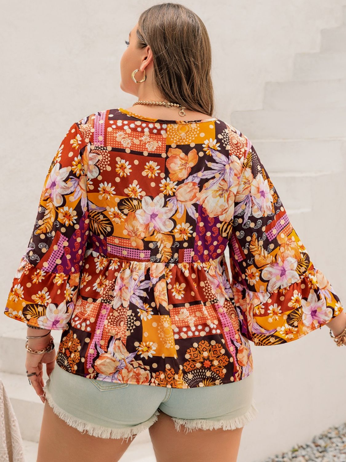 Plus Size Floral Printed Tie Neck Blouse Shirts & Tops Krazy Heart Designs Boutique