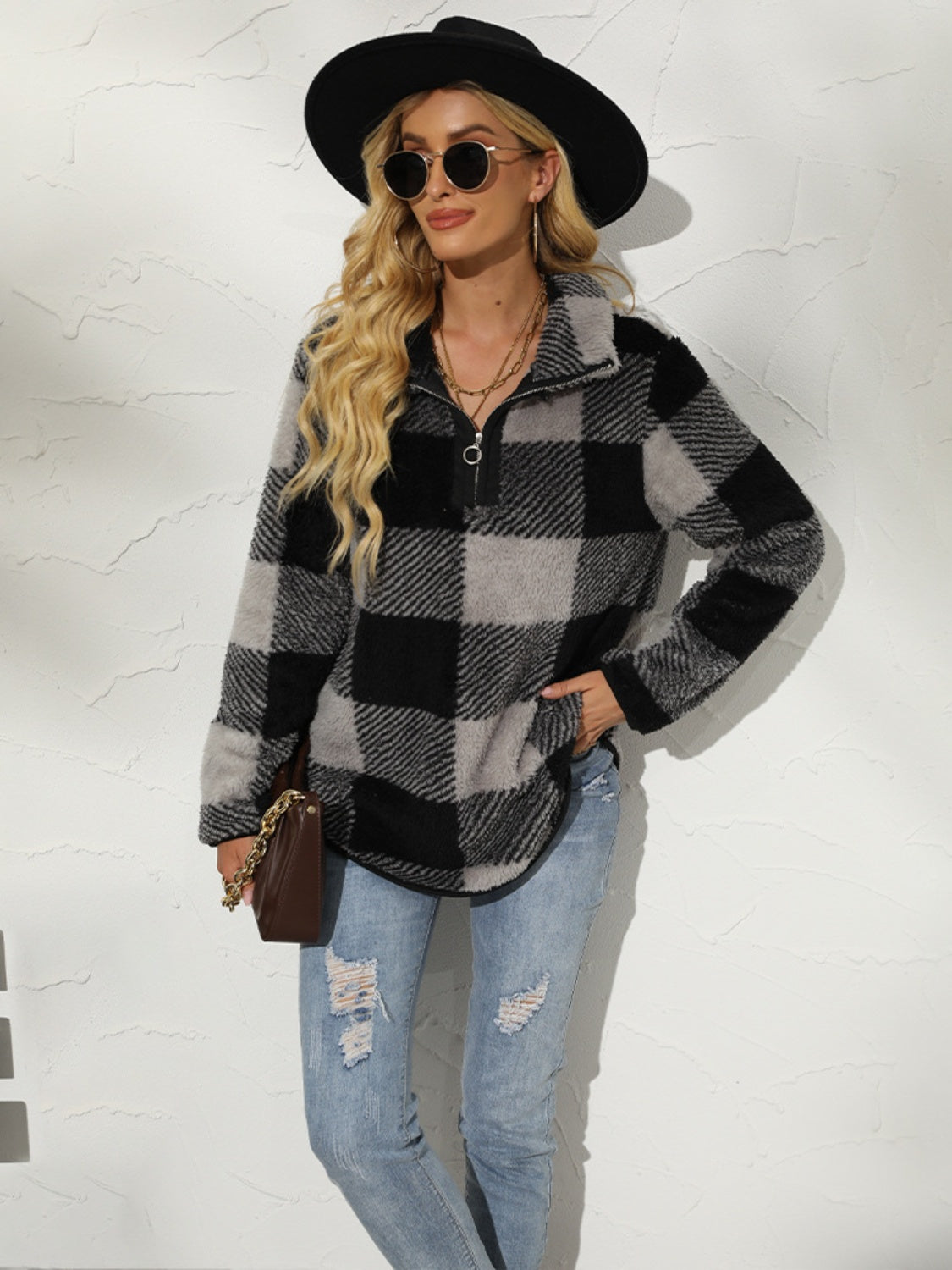 Plaid Half Zip Long Sleeve Sweatshirt Krazy Heart Designs Boutique Black XL
