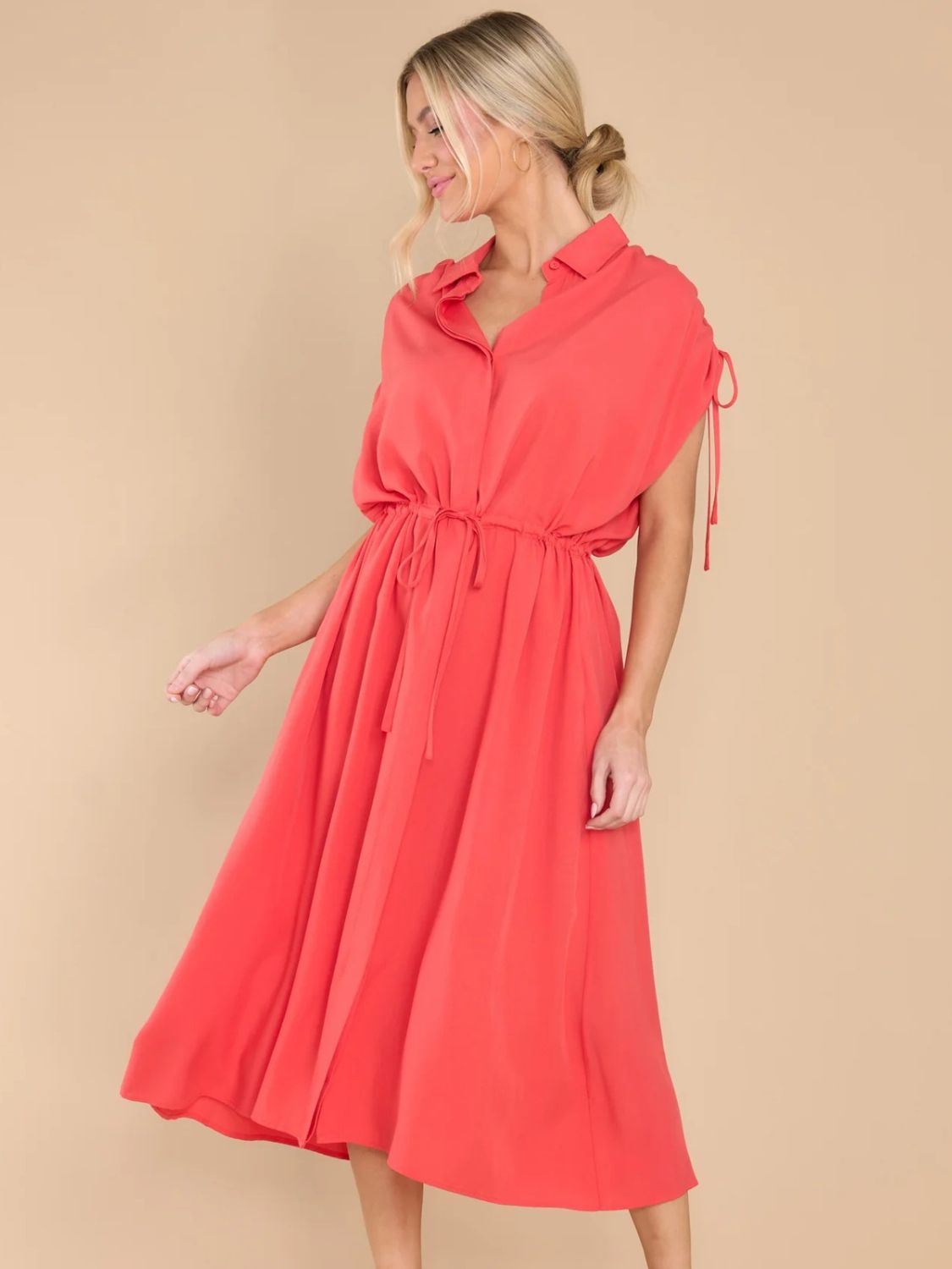 Drawstring Collared Neck Short Sleeve Midi Dress Dress Krazy Heart Designs Boutique