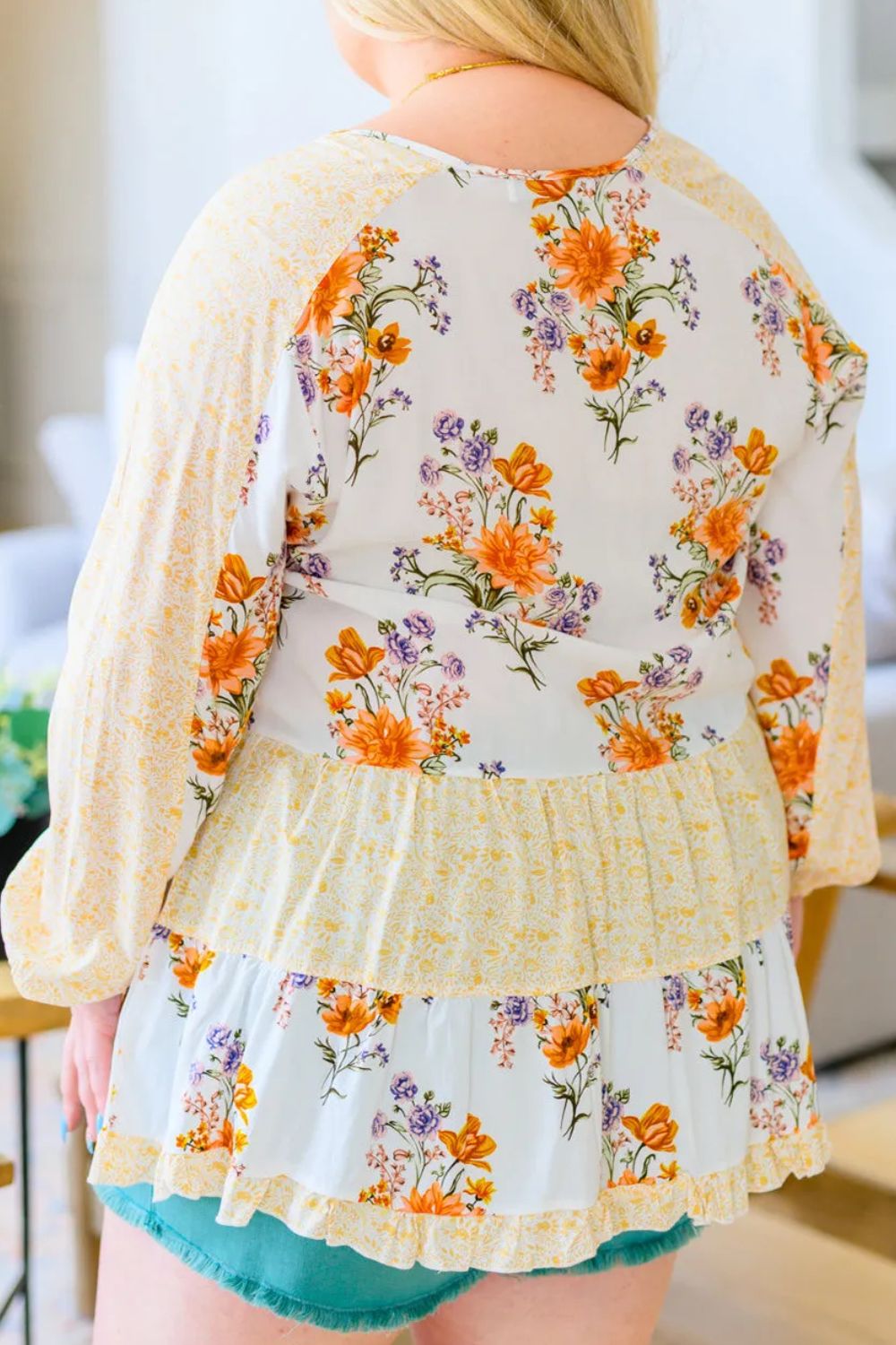 Plus Size Floral Print Tie Neck Long Sleeve Blouse Shirts & Tops Krazy Heart Designs Boutique