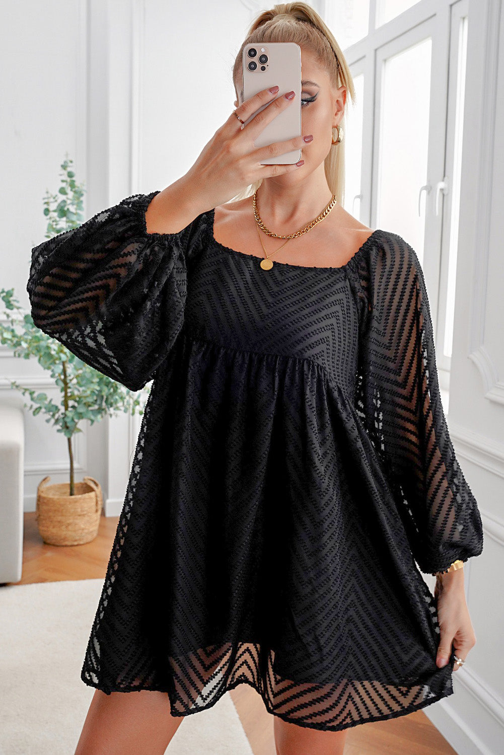 Textured Square Neck Mini Dress (6 Colors) Dress Krazy Heart Designs Boutique Black S