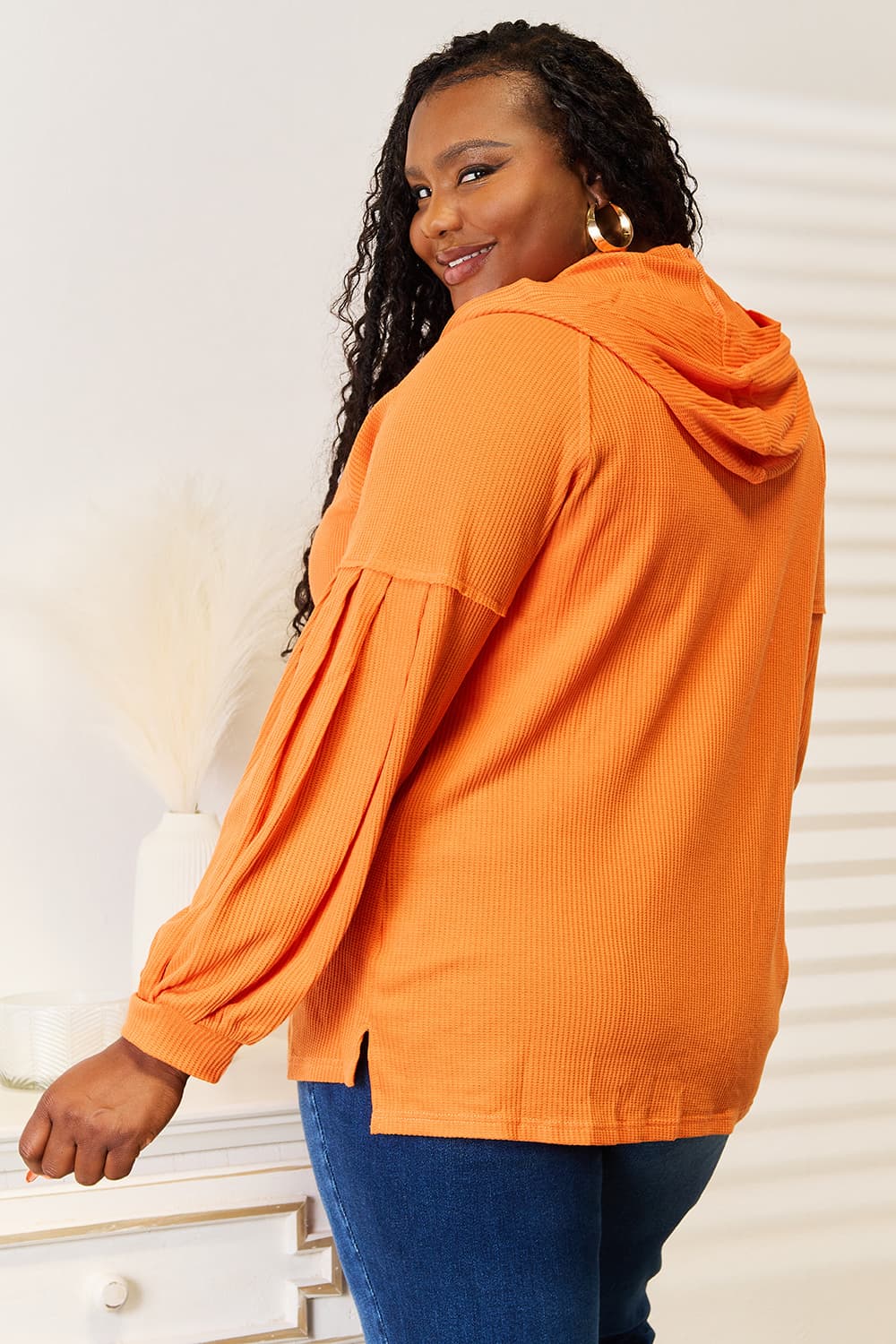 Basic Bae Side Slit Buttoned Waffle Knit Hoodie Shirts & Tops Krazy Heart Designs Boutique