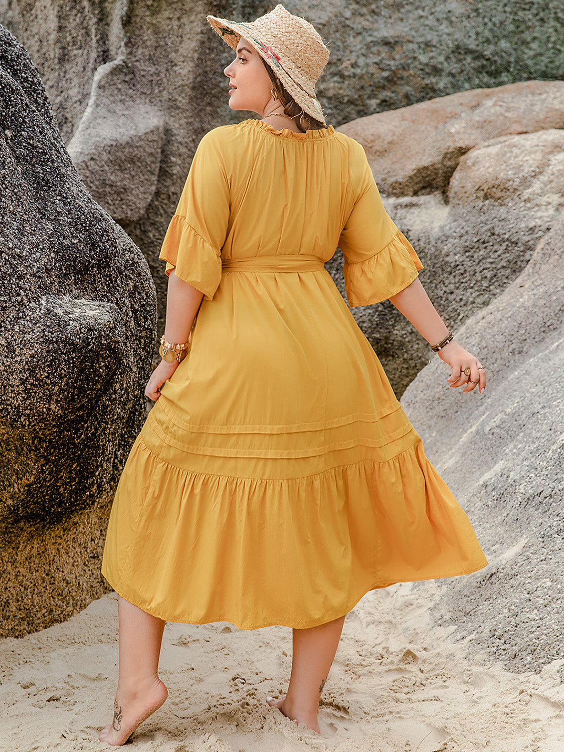 Plus Size Notched Tie Waist Half Sleeve Midi Dress Dress Krazy Heart Designs Boutique