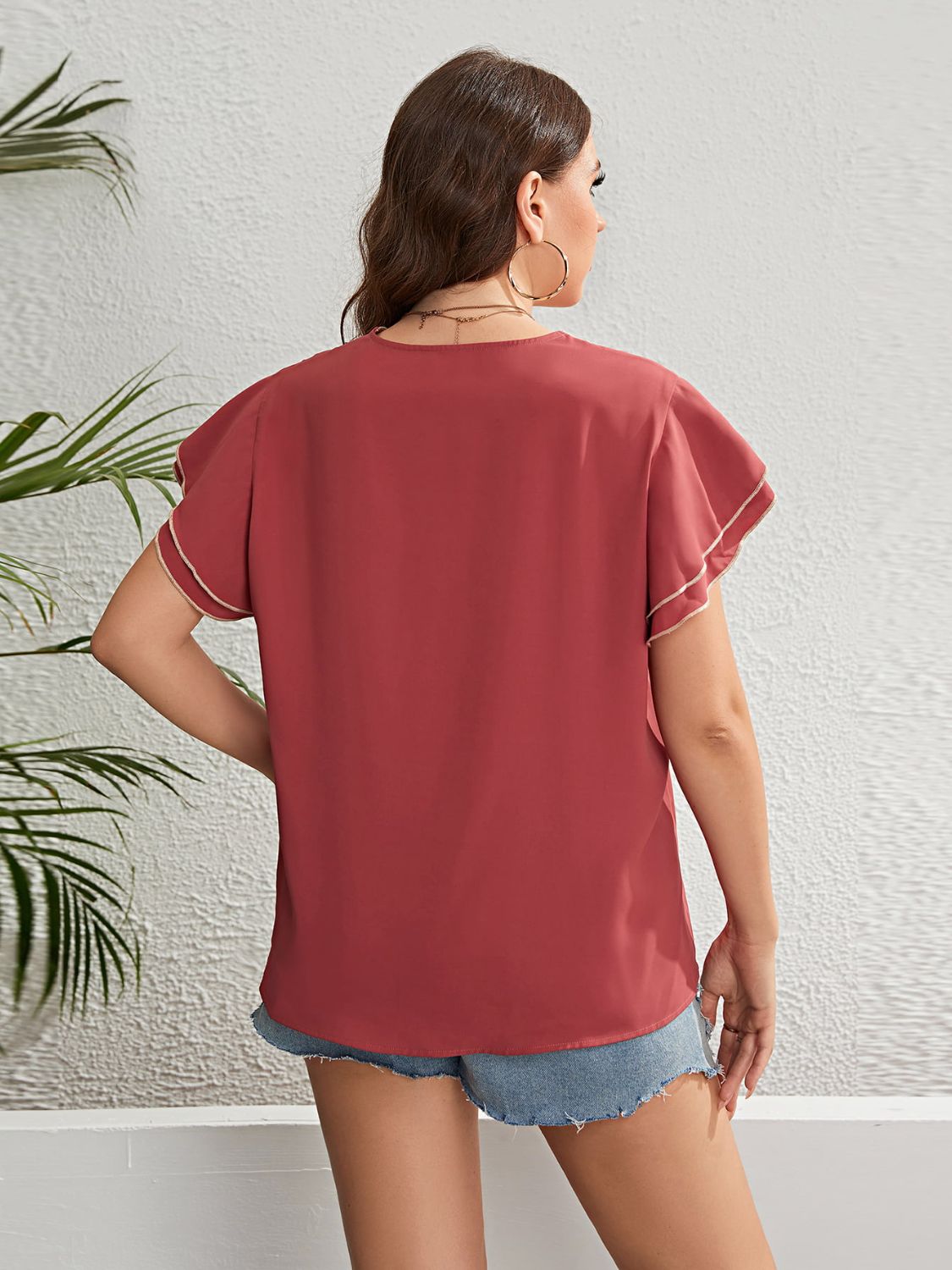 Honey Plus Size Contrast V-Neck Layered Flutter Sleeve Blouse Shirts & Tops Krazy Heart Designs Boutique