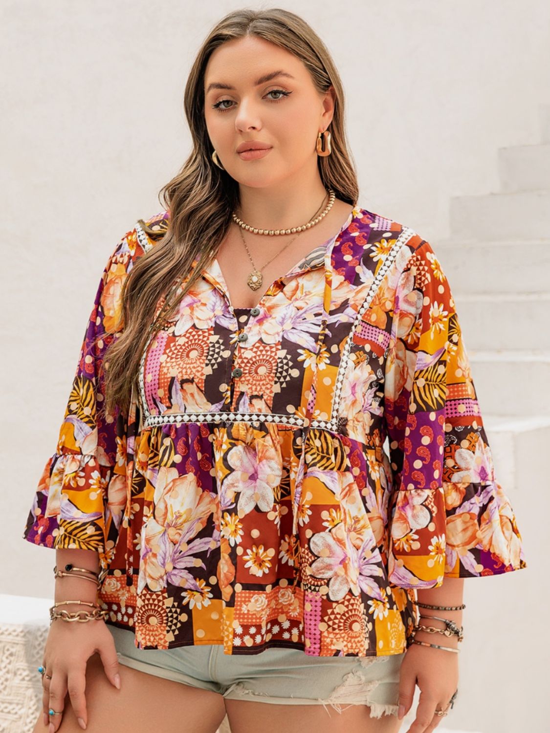 Plus Size Floral Printed Tie Neck Blouse Shirts & Tops Krazy Heart Designs Boutique
