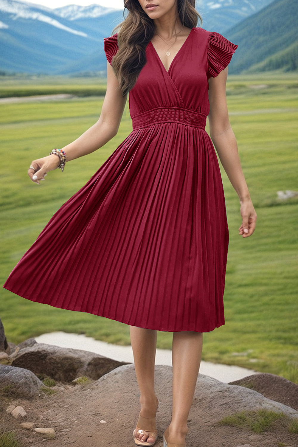 Tied Smocked Waist Flutter Sleeve Dress Krazy Heart Designs Boutique Deep Red S