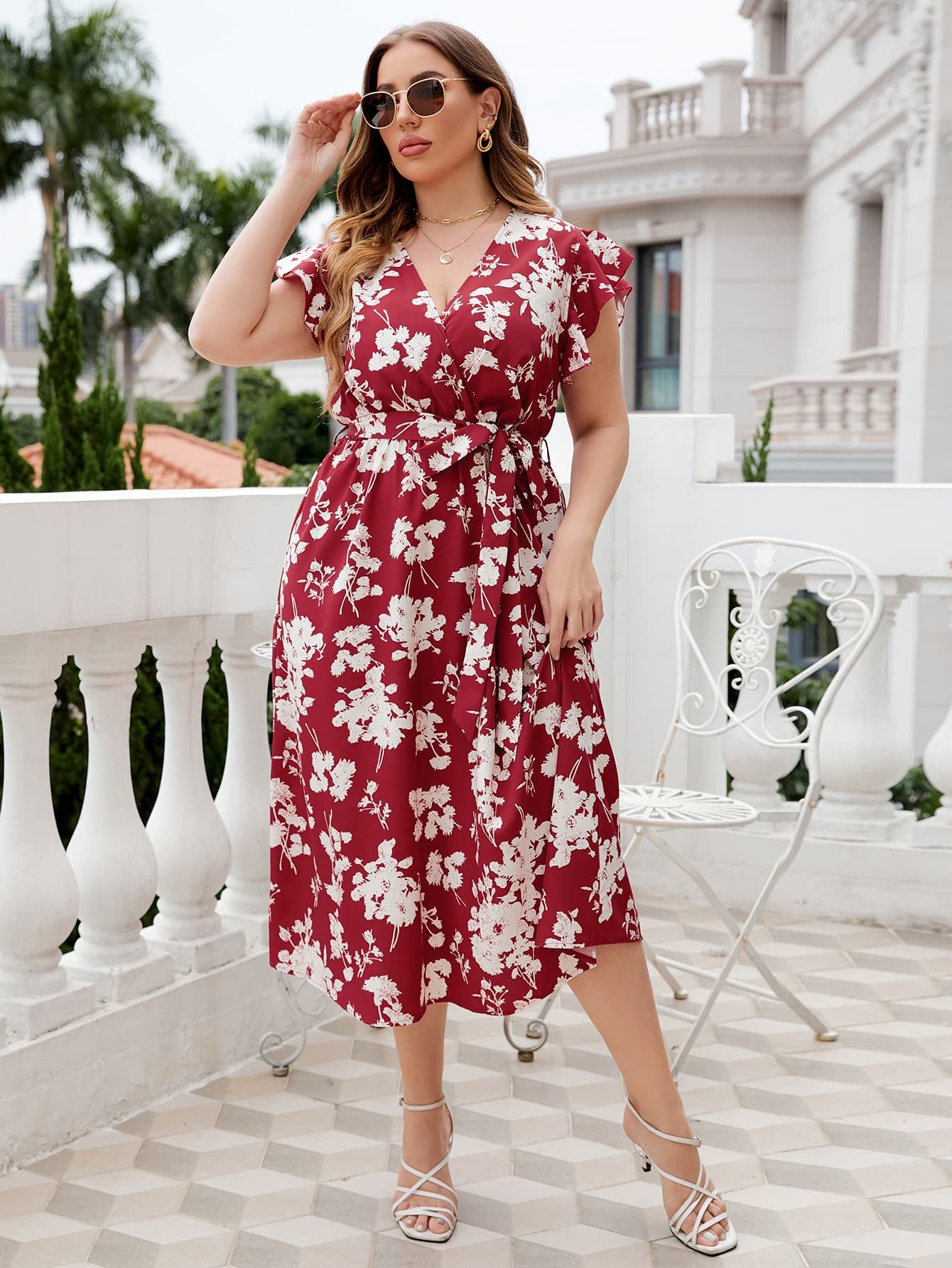 Honey Plus Size Floral Tie Waist Surplice Neck Midi Dress dress Krazy Heart Designs Boutique