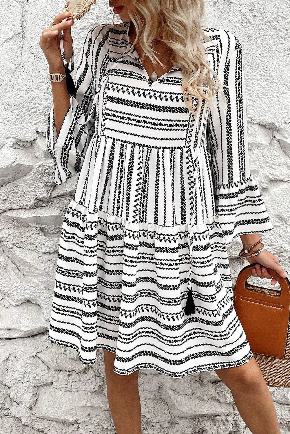 Printed Tie Neck Three-Quarter Sleeve Mini Dress Dress Krazy Heart Designs Boutique White S
