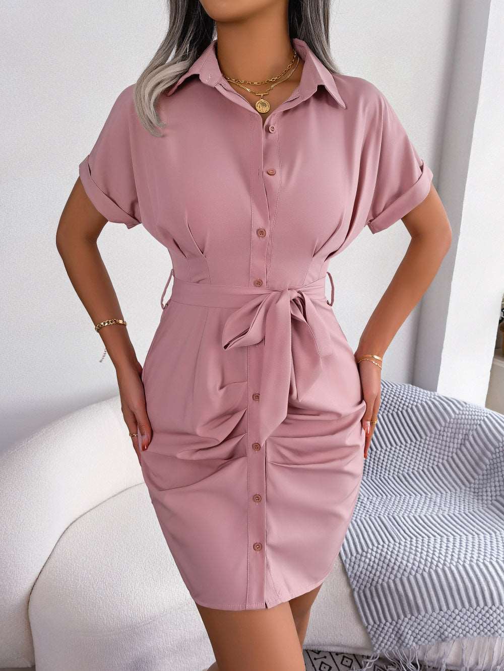 Button Down Ruched Tie Belt Dress (3 Colors) Krazy Heart Designs Boutique Blush Pink S