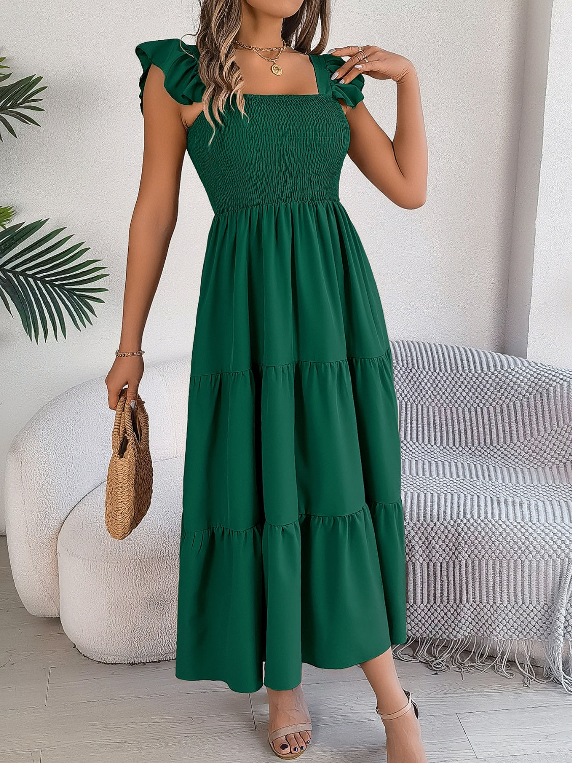 Smocked Square Neck Cap Sleeve Midi Dress (5 Colors) Dress Krazy Heart Designs Boutique