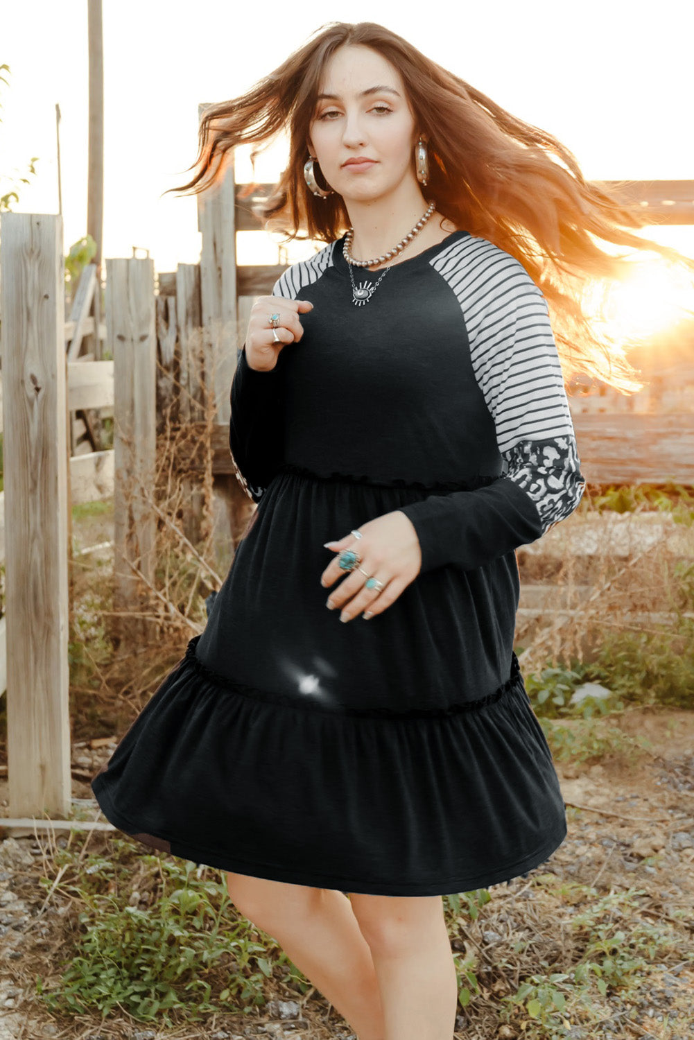 Mixed Print Frill Trim Long Sleeve Dress (3 Colors) Dress Krazy Heart Designs Boutique