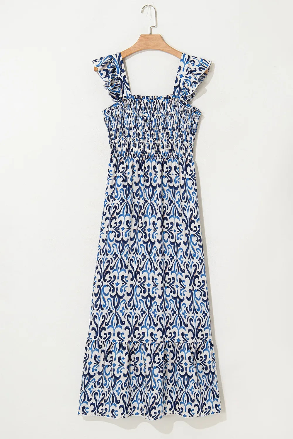 Dusty Blue Printed Smocked Square Neck Dress Dress Krazy Heart Designs Boutique