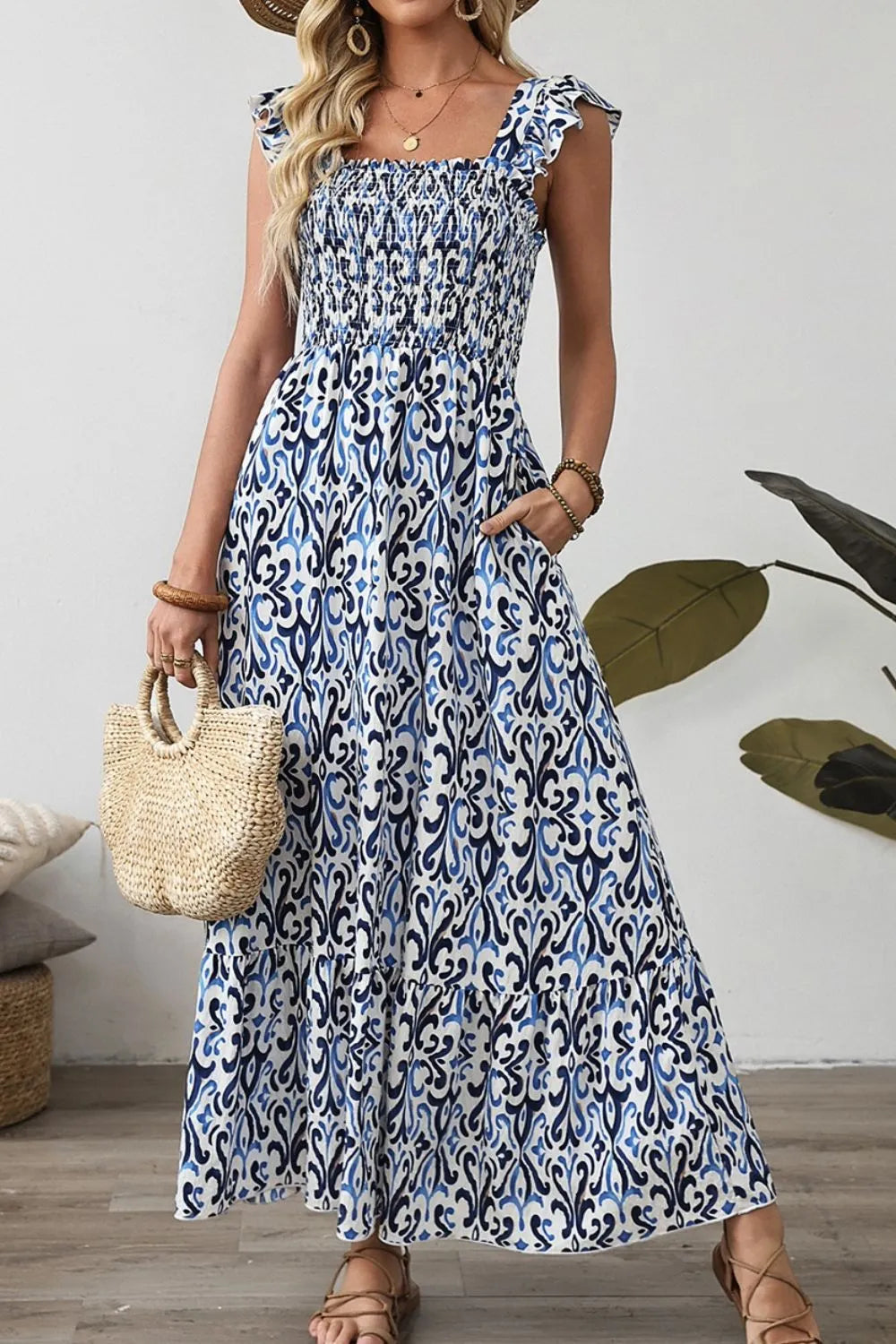 Dusty Blue Printed Smocked Square Neck Dress Dress Krazy Heart Designs Boutique