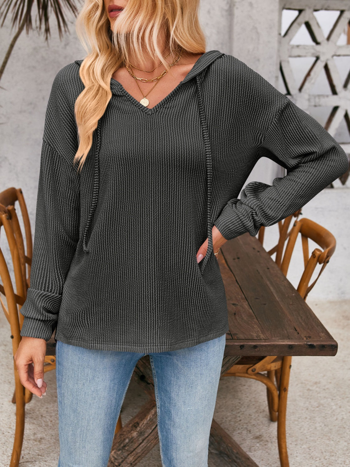 Double Take Drawstring Dropped Shoulder Long Sleeve Hoodie (5 Colors) Shirts & Tops Krazy Heart Designs Boutique