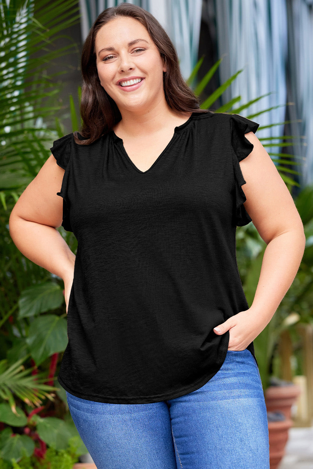 Plus Size Flutter Sleeve Notched Blouse Shirts & Tops Krazy Heart Designs Boutique