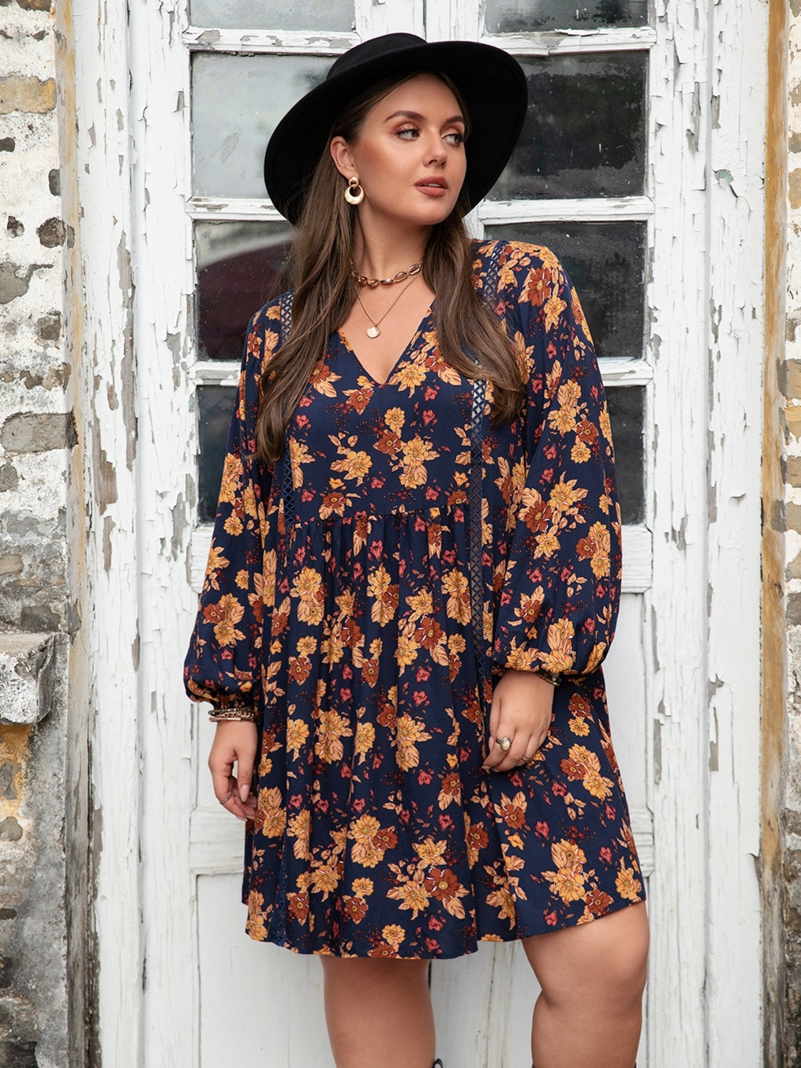 Plus Size Floral V-Neck Balloon Sleeve Dress Dress Krazy Heart Designs Boutique