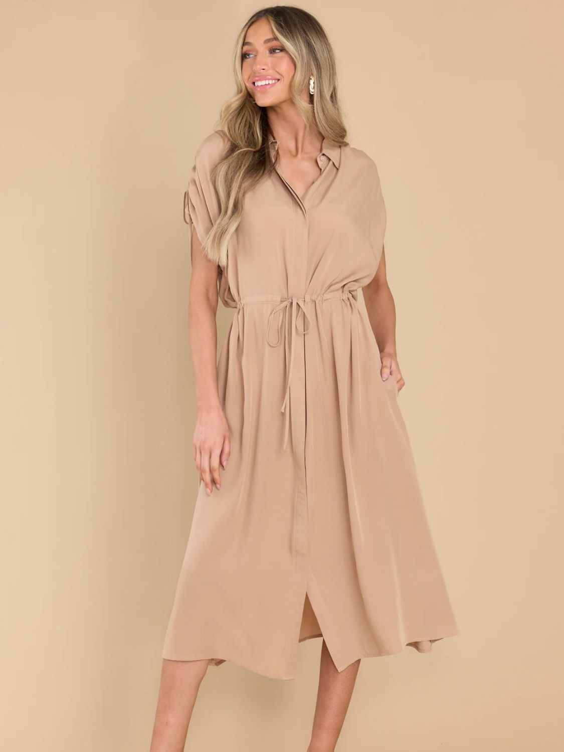 Drawstring Collared Neck Short Sleeve Midi Dress Dress Krazy Heart Designs Boutique Apricot S