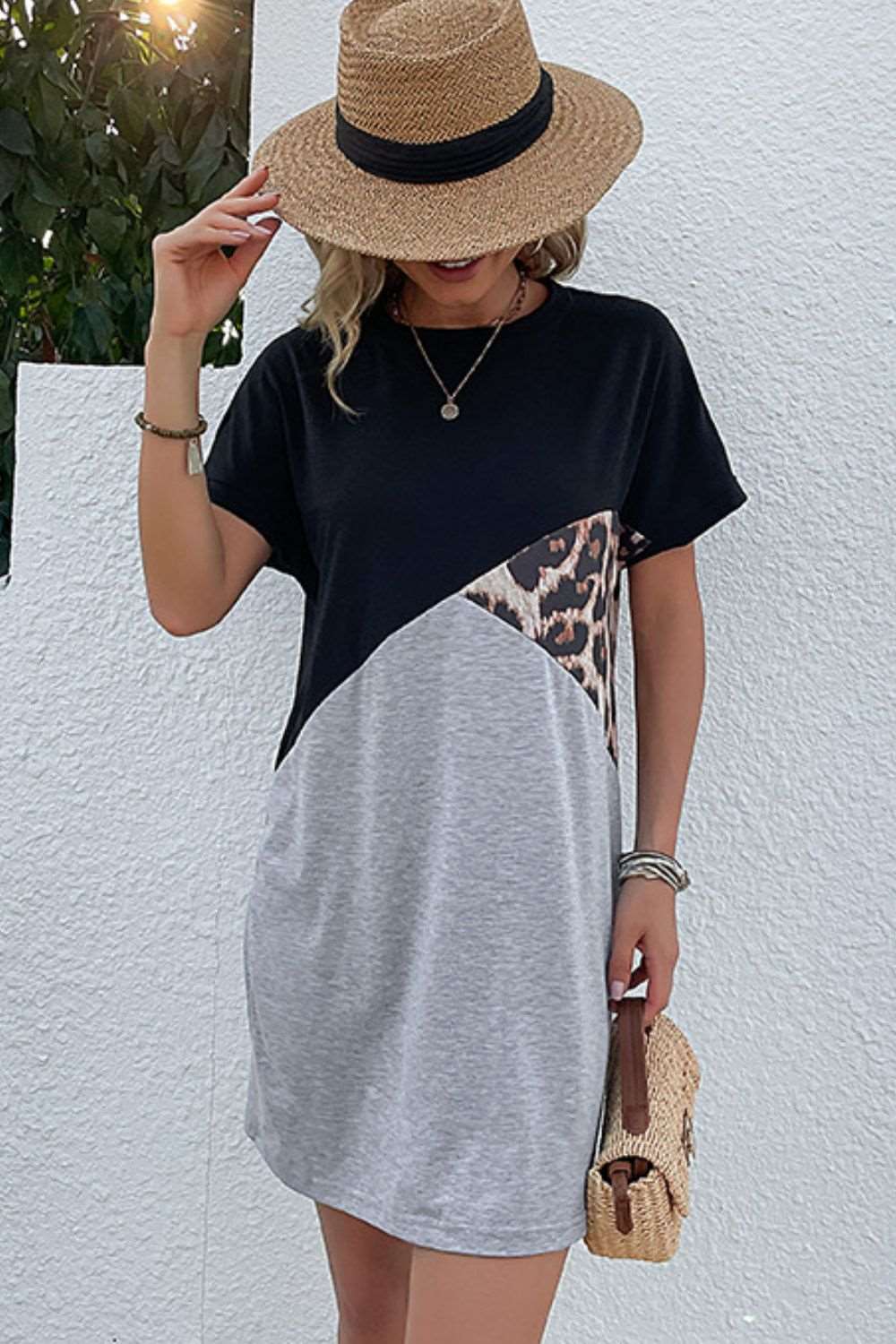 Color Block Leopard Tee Dress Krazy Heart Designs Boutique Black/Gray S