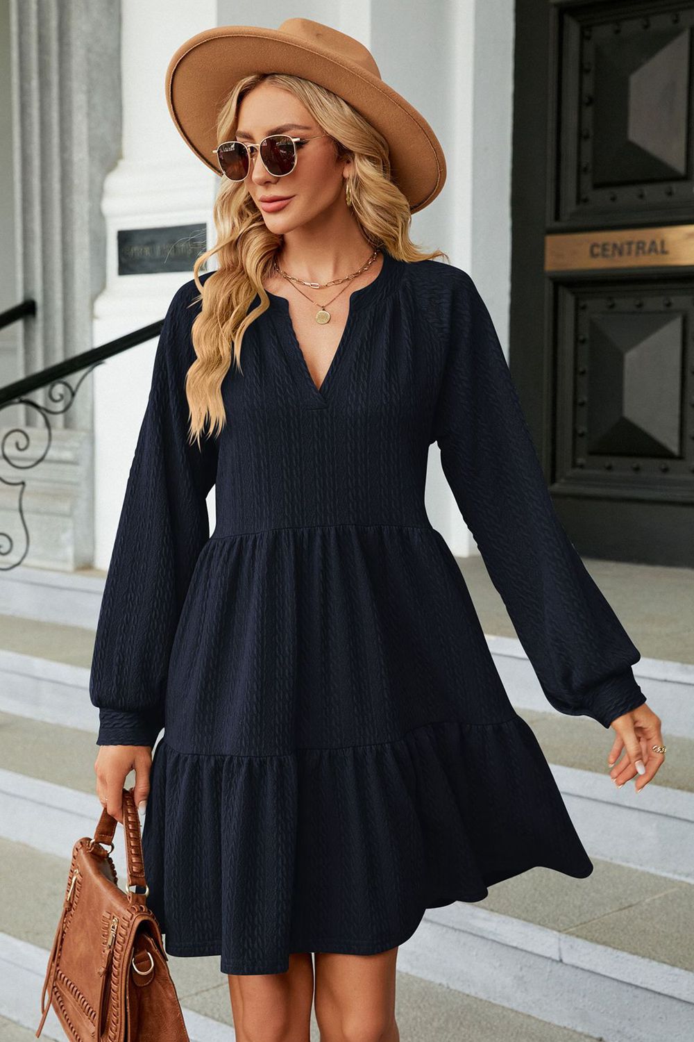 Notched Neck Long Sleeve Mini Dress (6 Colors) Dress Krazy Heart Designs Boutique Dark Blue S