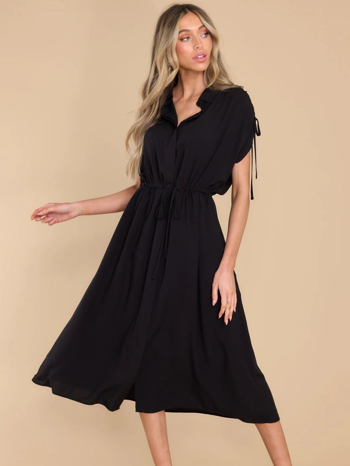 Drawstring Collared Neck Short Sleeve Midi Dress Dress Krazy Heart Designs Boutique