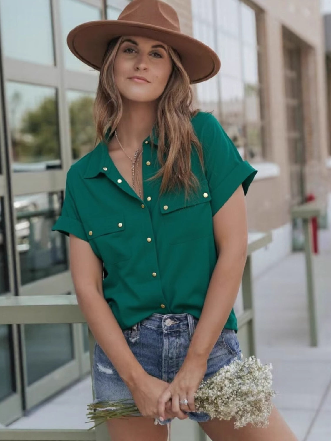 Full Size Snap Down Collared Neck Short Sleeve Shirt (2 Colors) Shirts & Tops Krazy Heart Designs Boutique Dark Green L