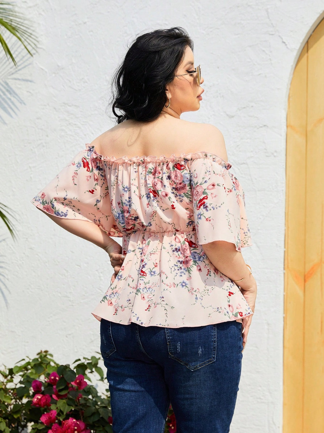Plus Size Frill Floral Print Flutter Sleeve Blouse Shirts & Tops Krazy Heart Designs Boutique