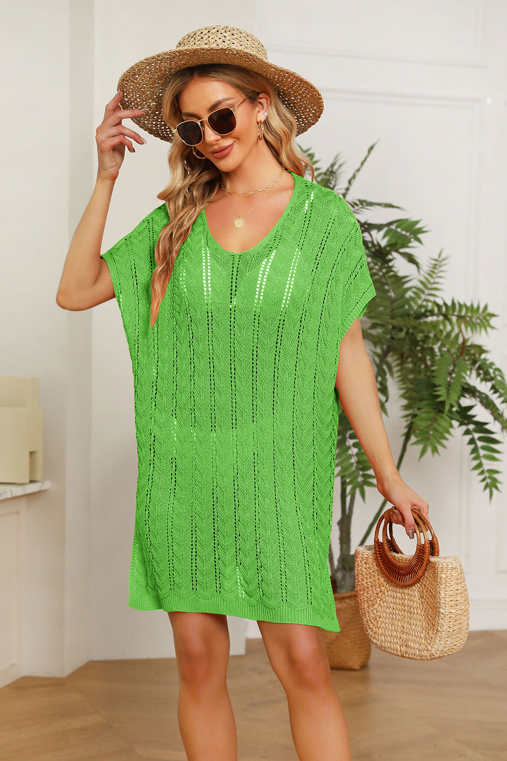 Double Take Openwork Short Sleeve Slit Knit Cover Up (3 Colors) swimwear Krazy Heart Designs Boutique Mid Green One Size