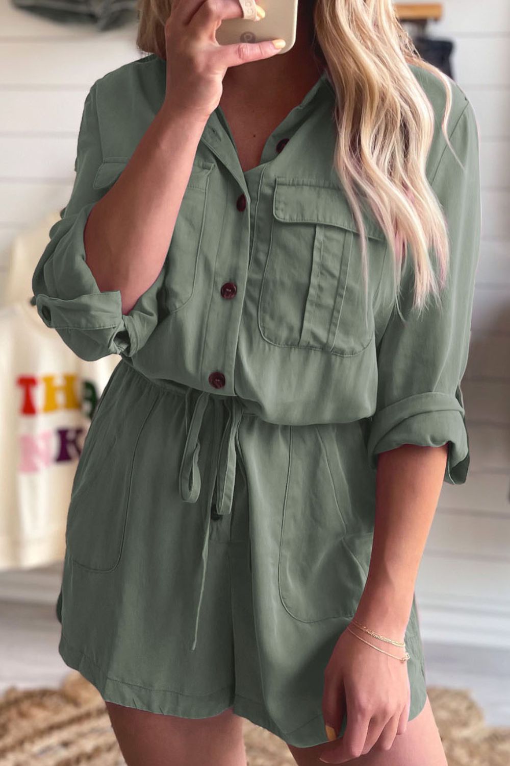Collared Neck Drawstring Roll-Tab Sleeve Romper (2 Colors) Outfit Sets Krazy Heart Designs Boutique Gum Leaf S