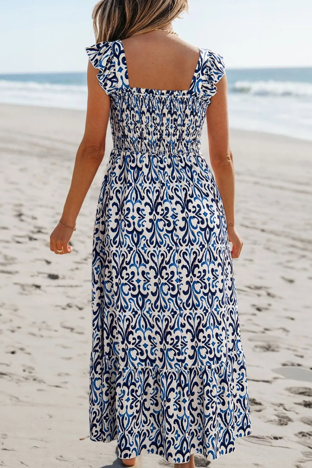 Dusty Blue Printed Smocked Square Neck Dress Dress Krazy Heart Designs Boutique