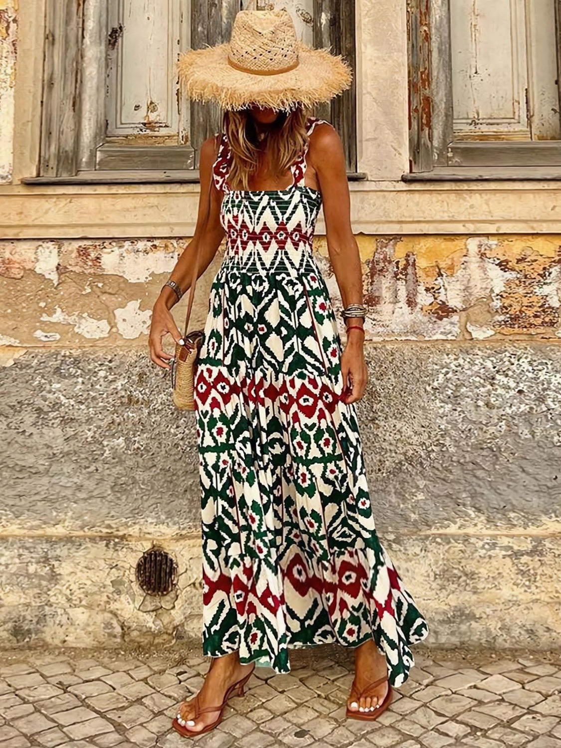Smocked Printed Square Neck Sleeveless Cami Dress (7 Colors) Dress Krazy Heart Designs Boutique