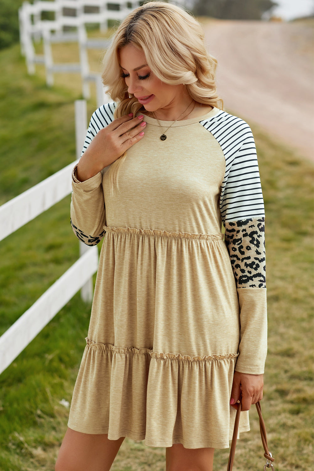 Mixed Print Frill Trim Long Sleeve Dress (3 Colors) Dress Krazy Heart Designs Boutique Tan S