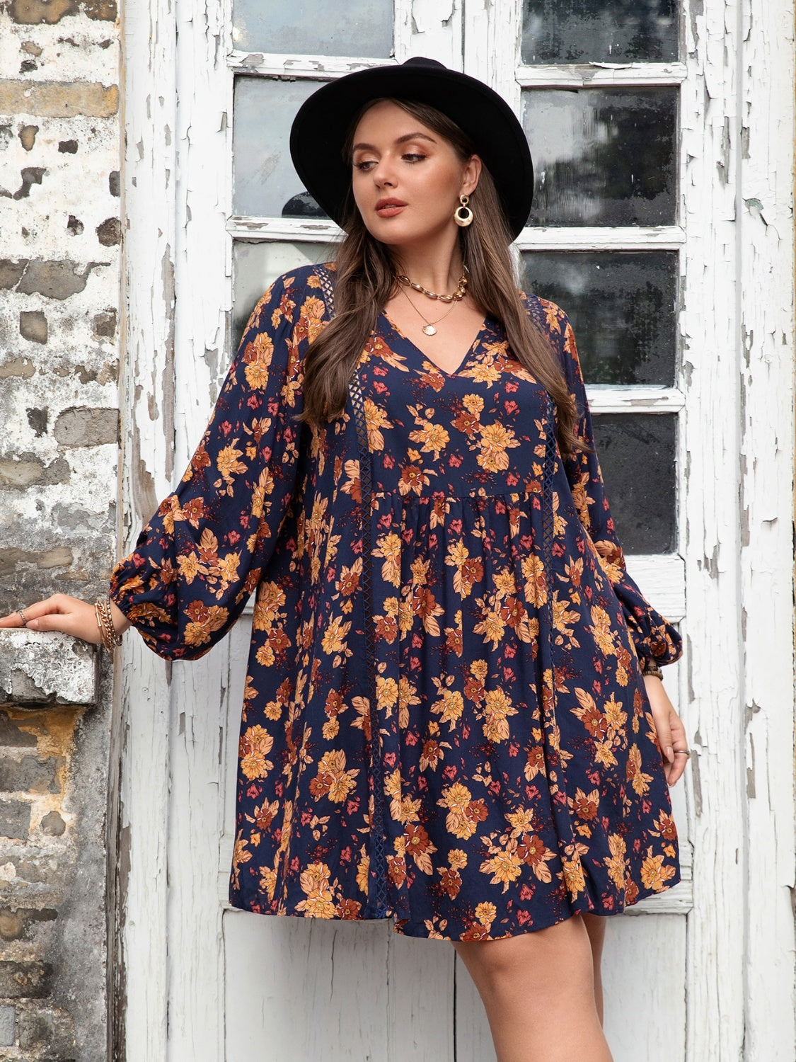 Plus Size Floral V-Neck Balloon Sleeve Dress Dress Krazy Heart Designs Boutique