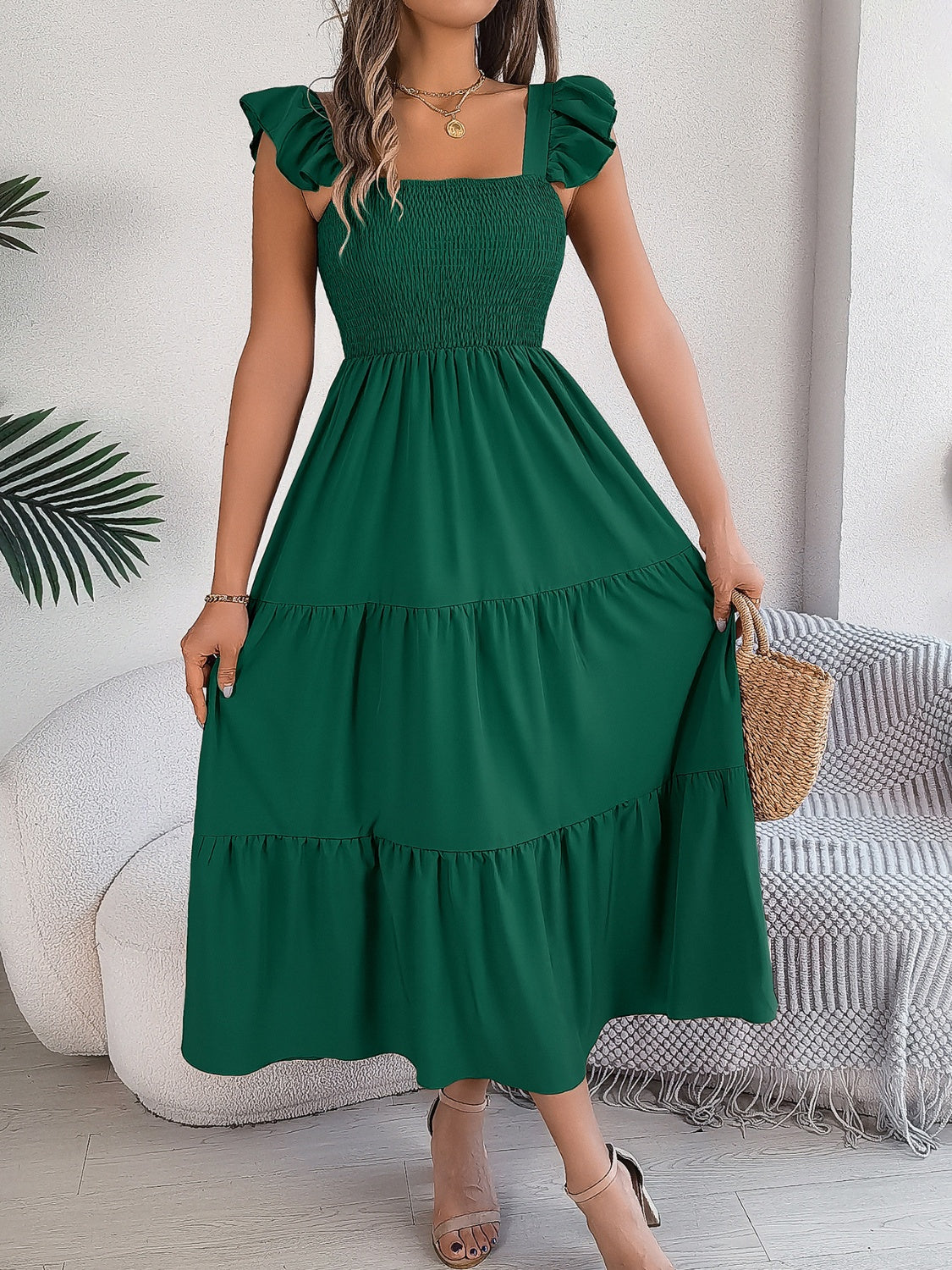Smocked Square Neck Cap Sleeve Midi Dress (5 Colors) Dress Krazy Heart Designs Boutique