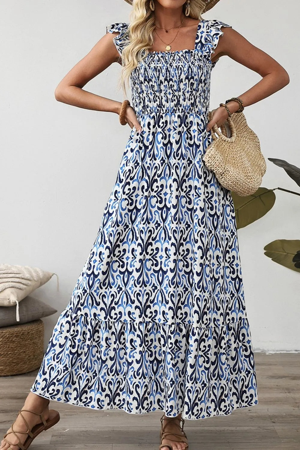 Dusty Blue Printed Smocked Square Neck Dress Dress Krazy Heart Designs Boutique