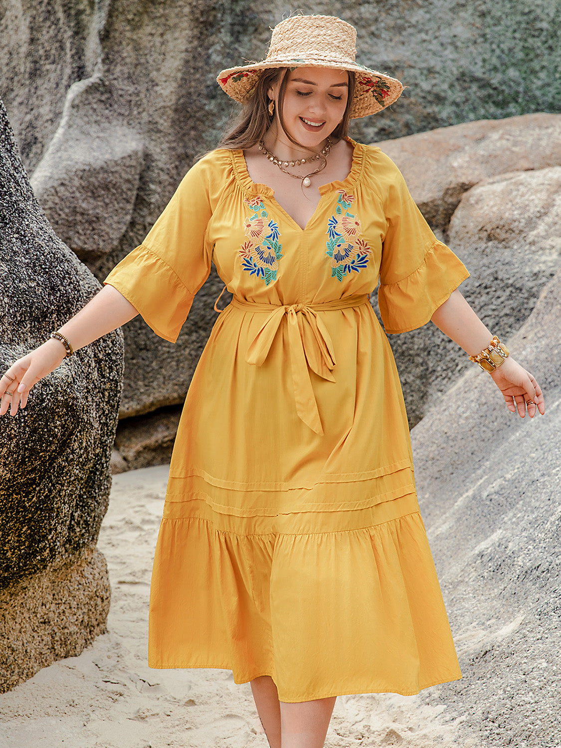 Plus Size Notched Tie Waist Half Sleeve Midi Dress Dress Krazy Heart Designs Boutique