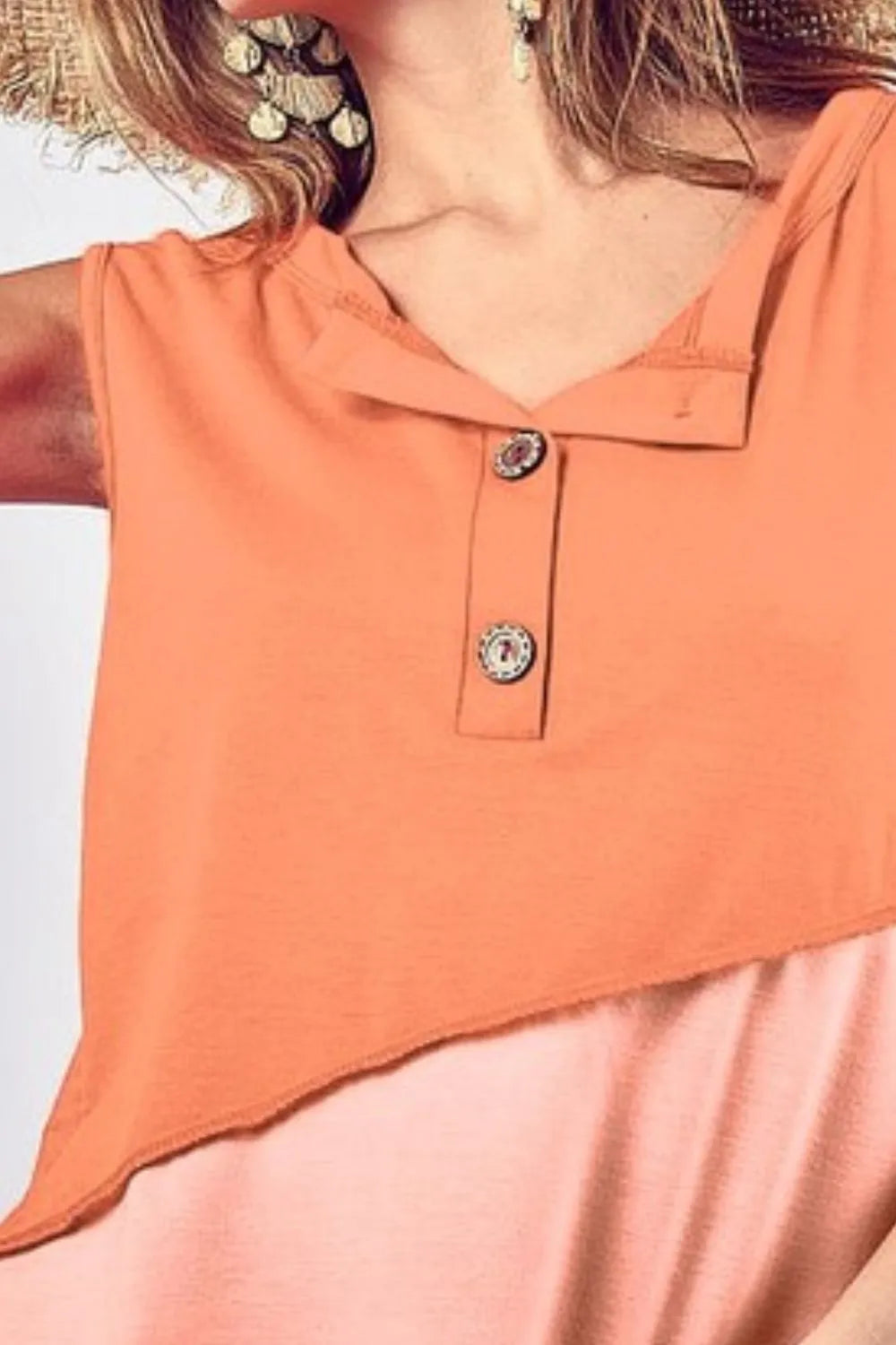 BiBi Color Block Contrast Stitching Buttoned Henley Top Shirts & Tops Krazy Heart Designs Boutique