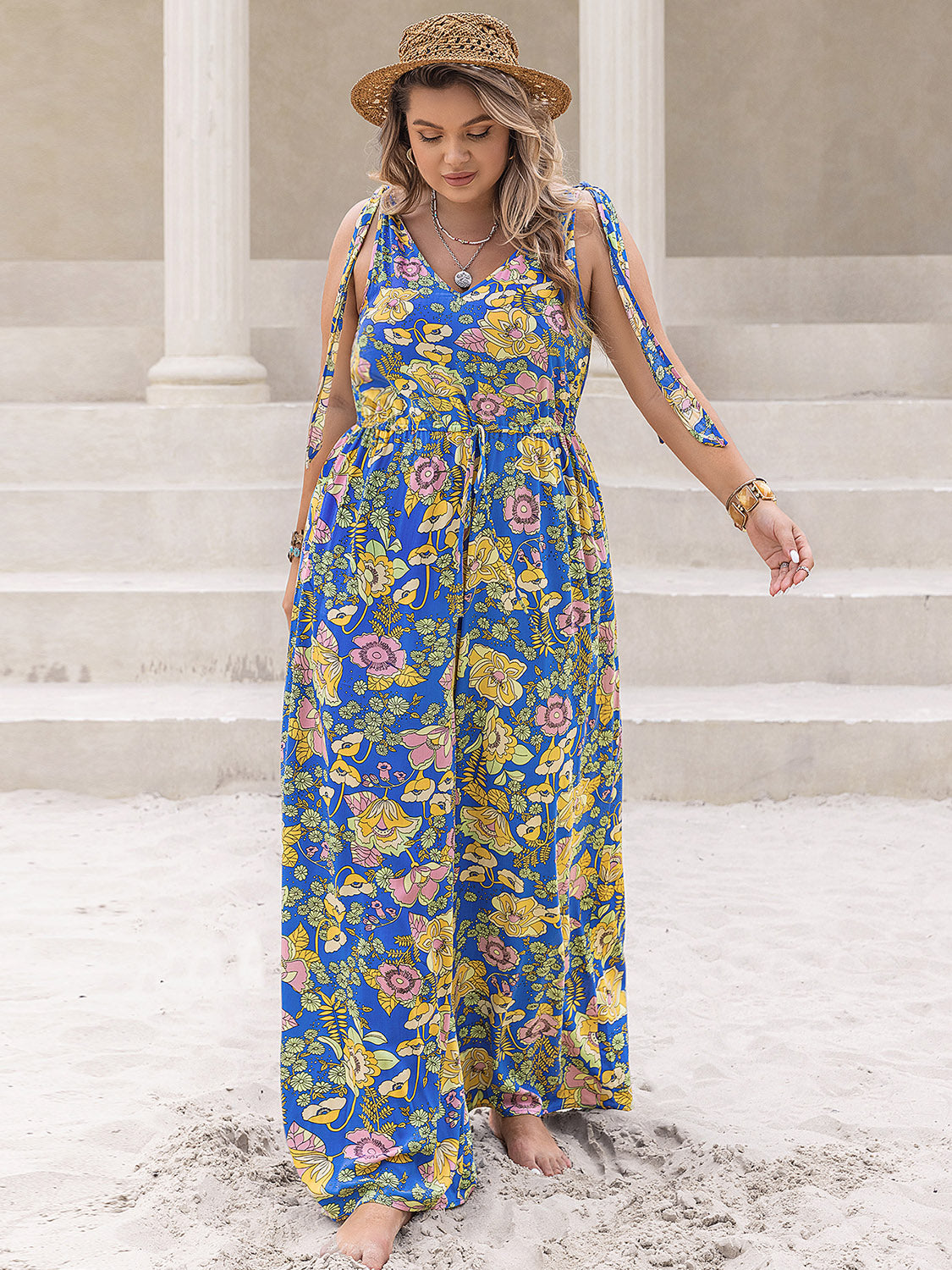 Plus Size Boho Printed V-Neck Wide Leg Jumpsuit outfits Krazy Heart Designs Boutique