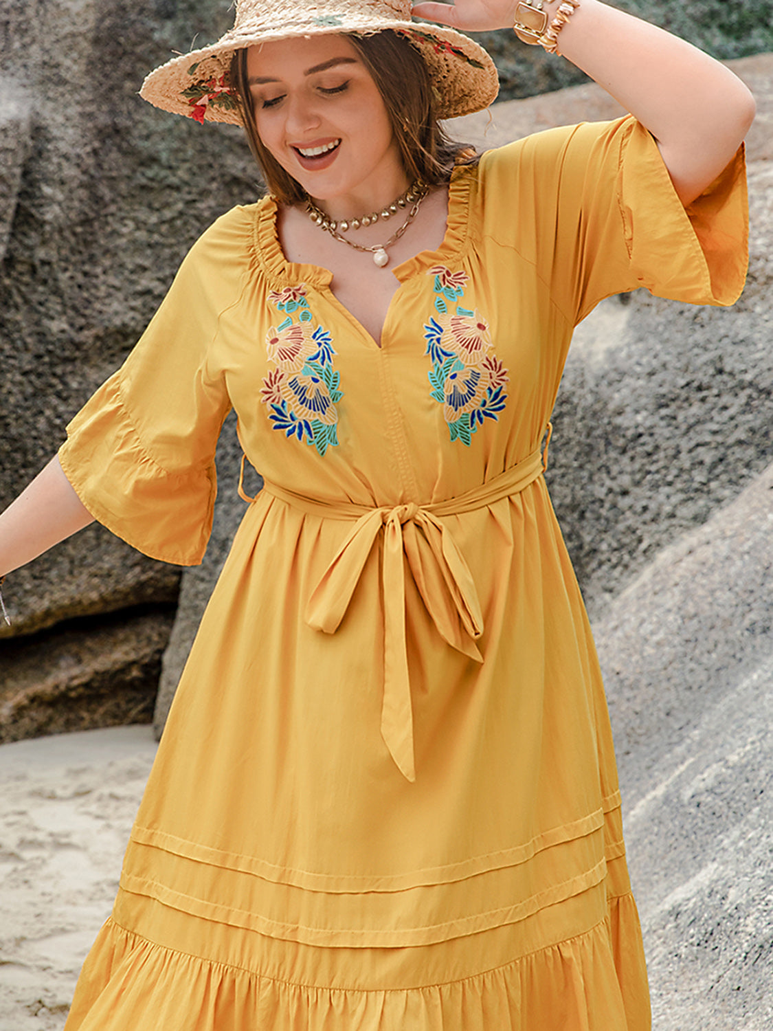 Plus Size Notched Tie Waist Half Sleeve Midi Dress Dress Krazy Heart Designs Boutique