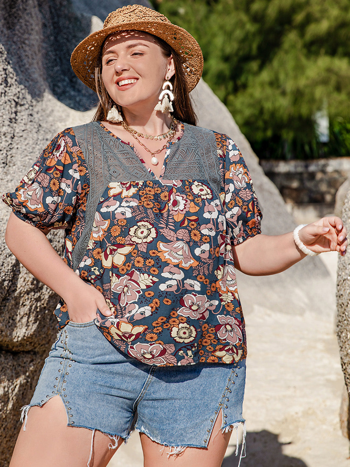 Plus Size Printed Notched Half Sleeve Blouse Shirts & Tops Krazy Heart Designs Boutique