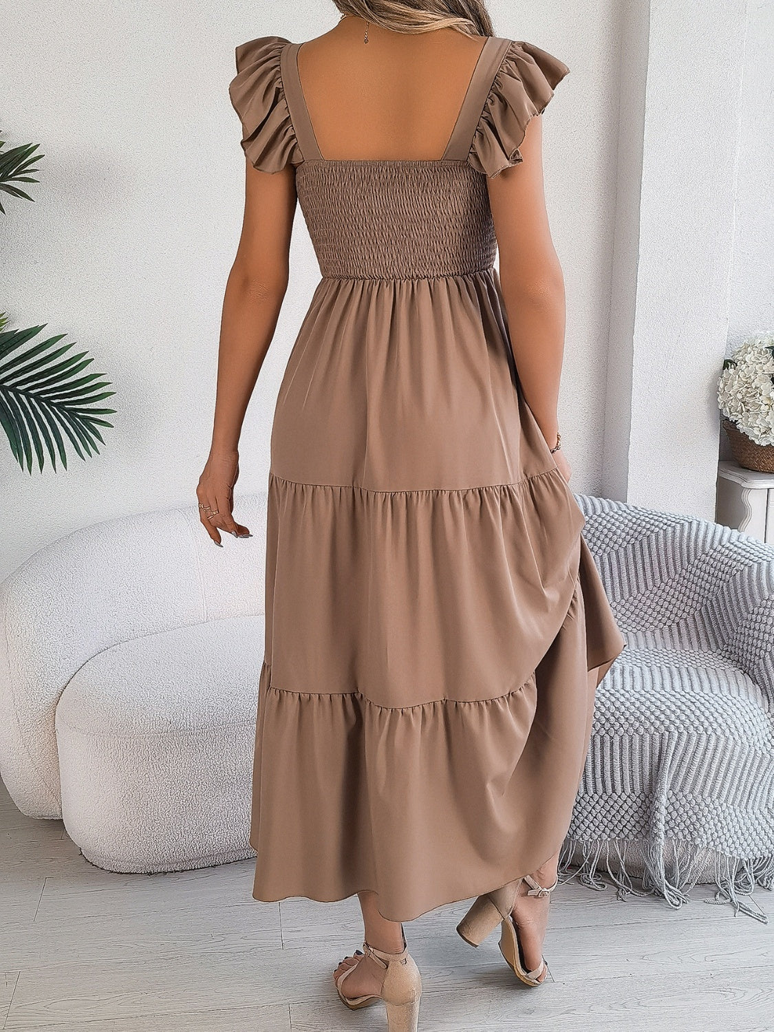 Smocked Square Neck Cap Sleeve Midi Dress (5 Colors) Dress Krazy Heart Designs Boutique Camel S