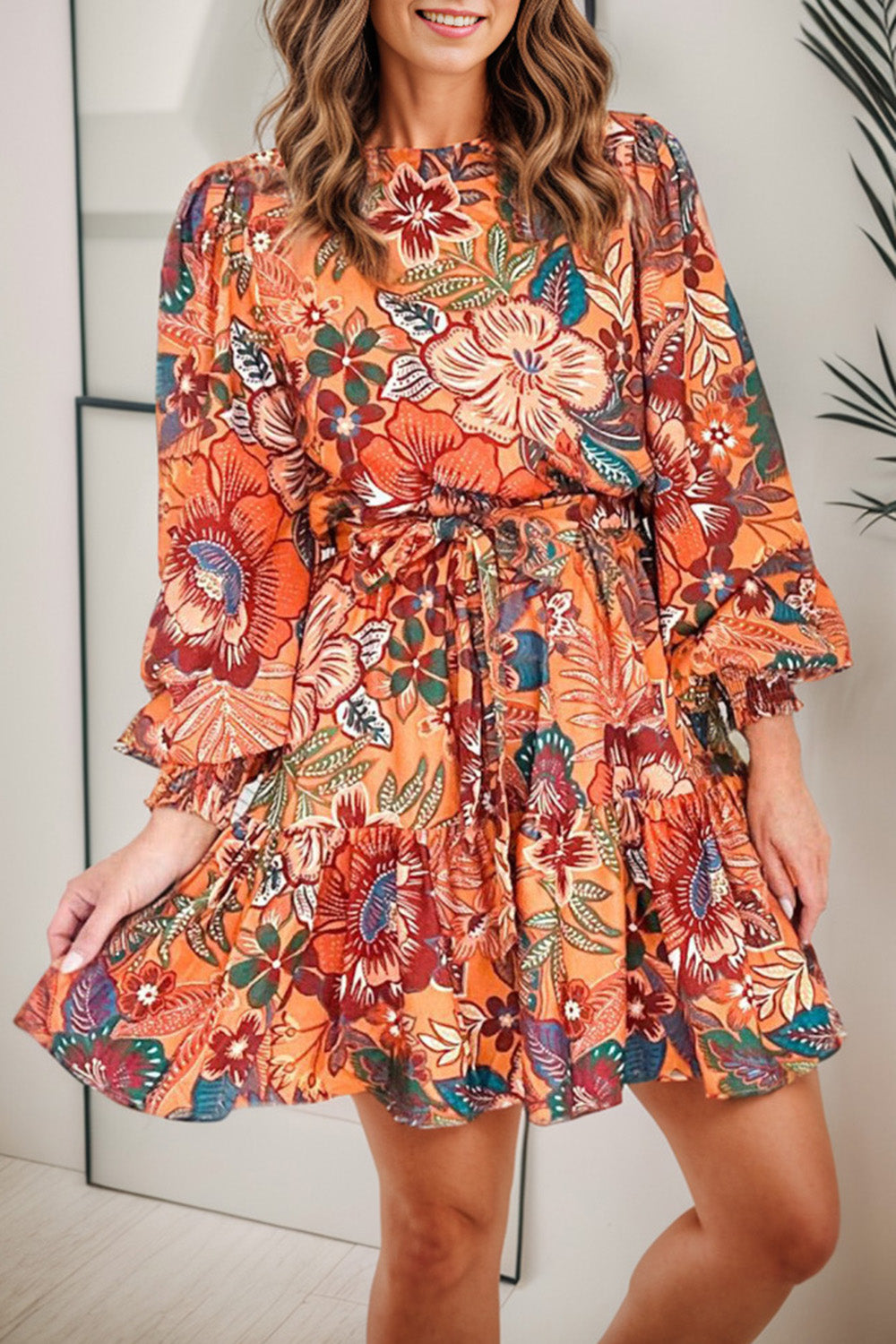 Tropical Print Tie Waist Lantern Sleeve Mini Dress Dress Krazy Heart Designs Boutique Caramel S