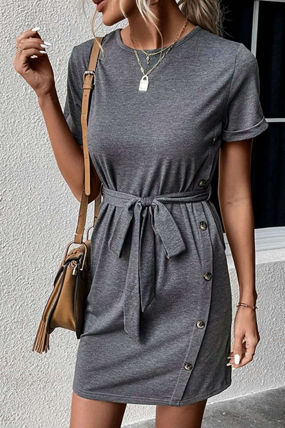 Decorative Button Tie-Waist Cuffed Sleeve Tee Dress Krazy Heart Designs Boutique
