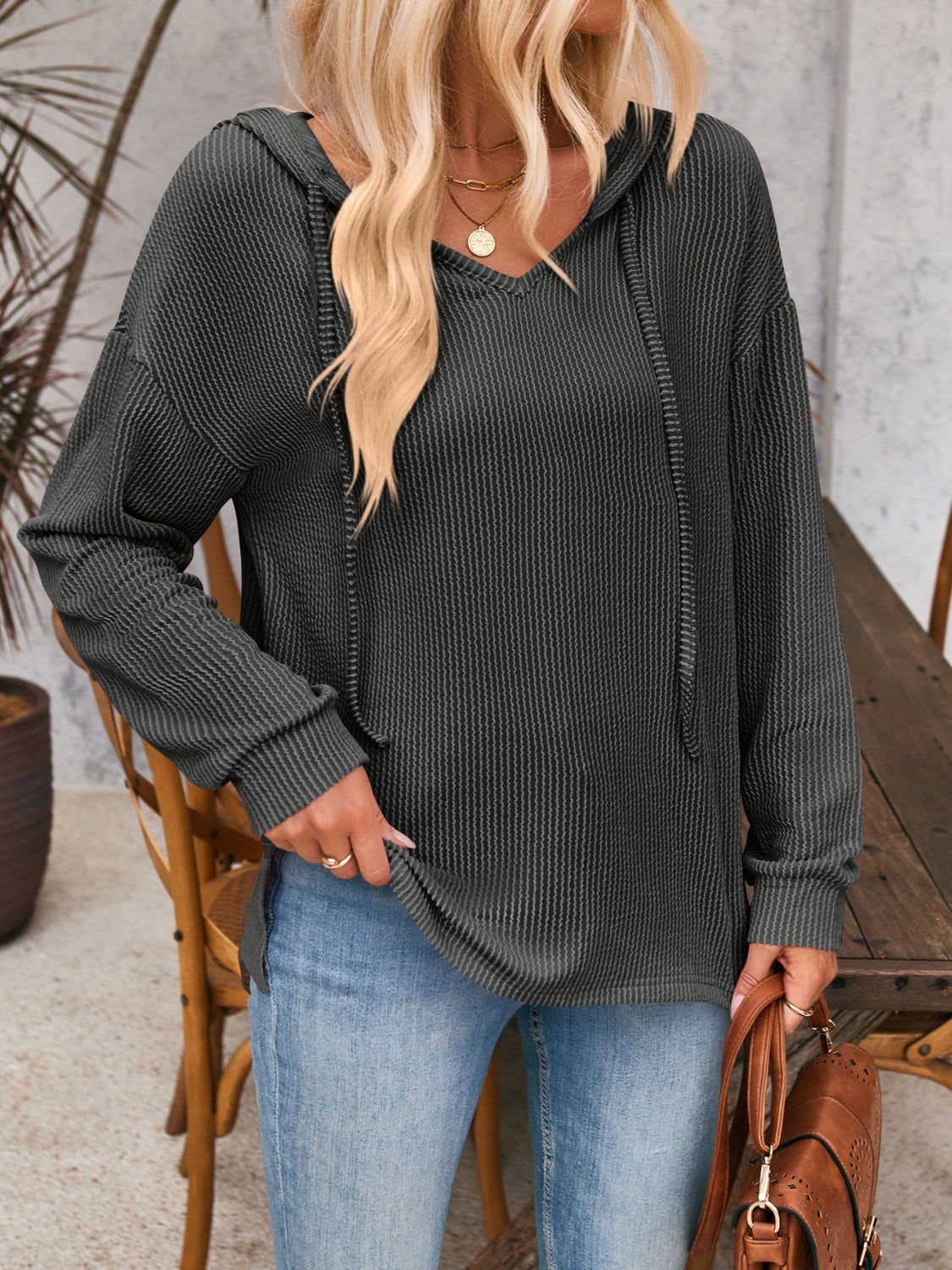 Double Take Drawstring Dropped Shoulder Long Sleeve Hoodie (5 Colors) Shirts & Tops Krazy Heart Designs Boutique