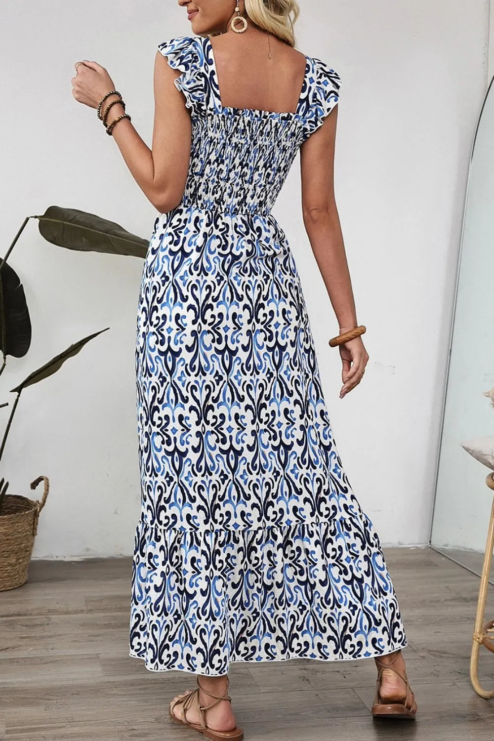 Dusty Blue Printed Smocked Square Neck Dress Dress Krazy Heart Designs Boutique