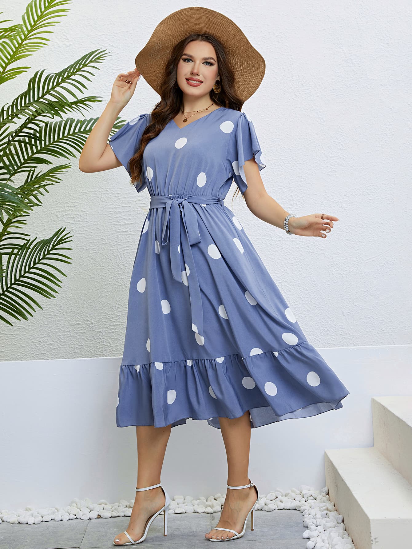 Honey Polka Dot Belted Flutter Sleeve Ruffle Hem Dress Dress Krazy Heart Designs Boutique