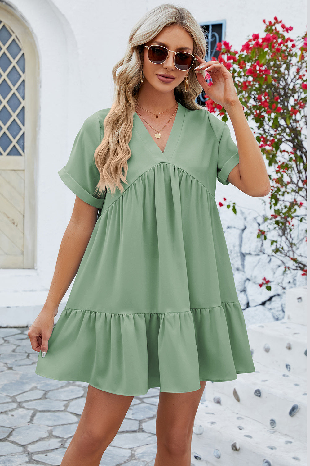 Ruched Tiered V-Neck Short Sleeve Mini Dress (5 Colors) Dress Krazy Heart Designs Boutique Gum Leaf S