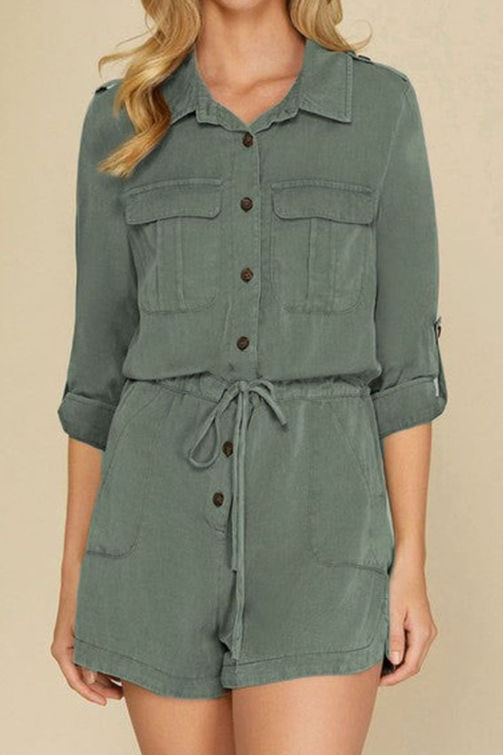 Collared Neck Drawstring Roll-Tab Sleeve Romper (2 Colors) Outfit Sets Krazy Heart Designs Boutique