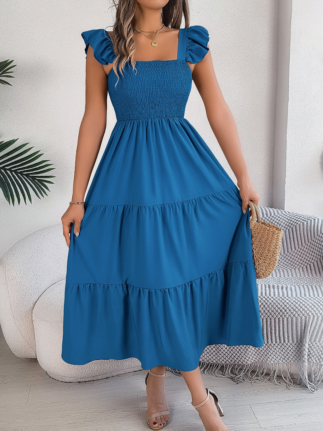 Smocked Square Neck Cap Sleeve Midi Dress (5 Colors) Dress Krazy Heart Designs Boutique